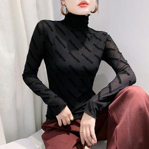 Autumn New Slim-Fit Flocking Burning Flower Turtleneck Print Long-Sleeved T-<strong>shirt</strong> Women's Sexy Trendy Small <strong>Shirt</strong> Fashion - Product Image 1