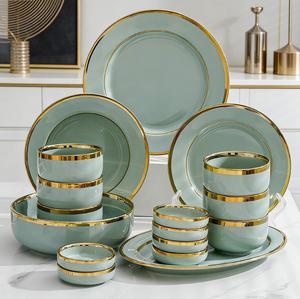 Gold Green Ceramic Bowl Plate <b>Dinnerware</b> <b>Set</b> Lightweight Luxurious Gold Edged Reusable Customized Color Creative - Product Image 1