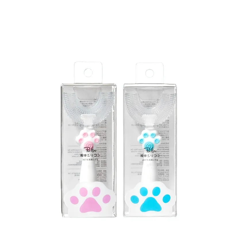 Factory Directly Food-Grade Silicone Tooth Brush Head 360 Degree Cleansing Kids Cute Cat Paw Shape U Shaped Toothbrush