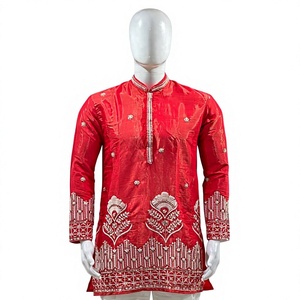 Ensemble Kurta Rouge Premium Scintillant pour Homme avec Broderies Perles Riches et Pantalon Coupe Bootcut Séchage Rapide Été Indien/Pakistanais - Product Image 2
