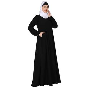 卸売イスラムリネンマキシドレス女性イスラム教徒の傘カット黒アバヤドバイ長袖女性ルーズドレス - Product Image 3