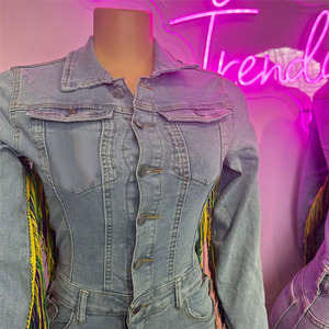Tuta Intera in Denim Blu con Frange alla Moda per Donne, Jumpsuit Stile <span class=keywords><strong>Cowboy</strong></span> a Maniche Lunghe per Mardi Gras - Product Image 3