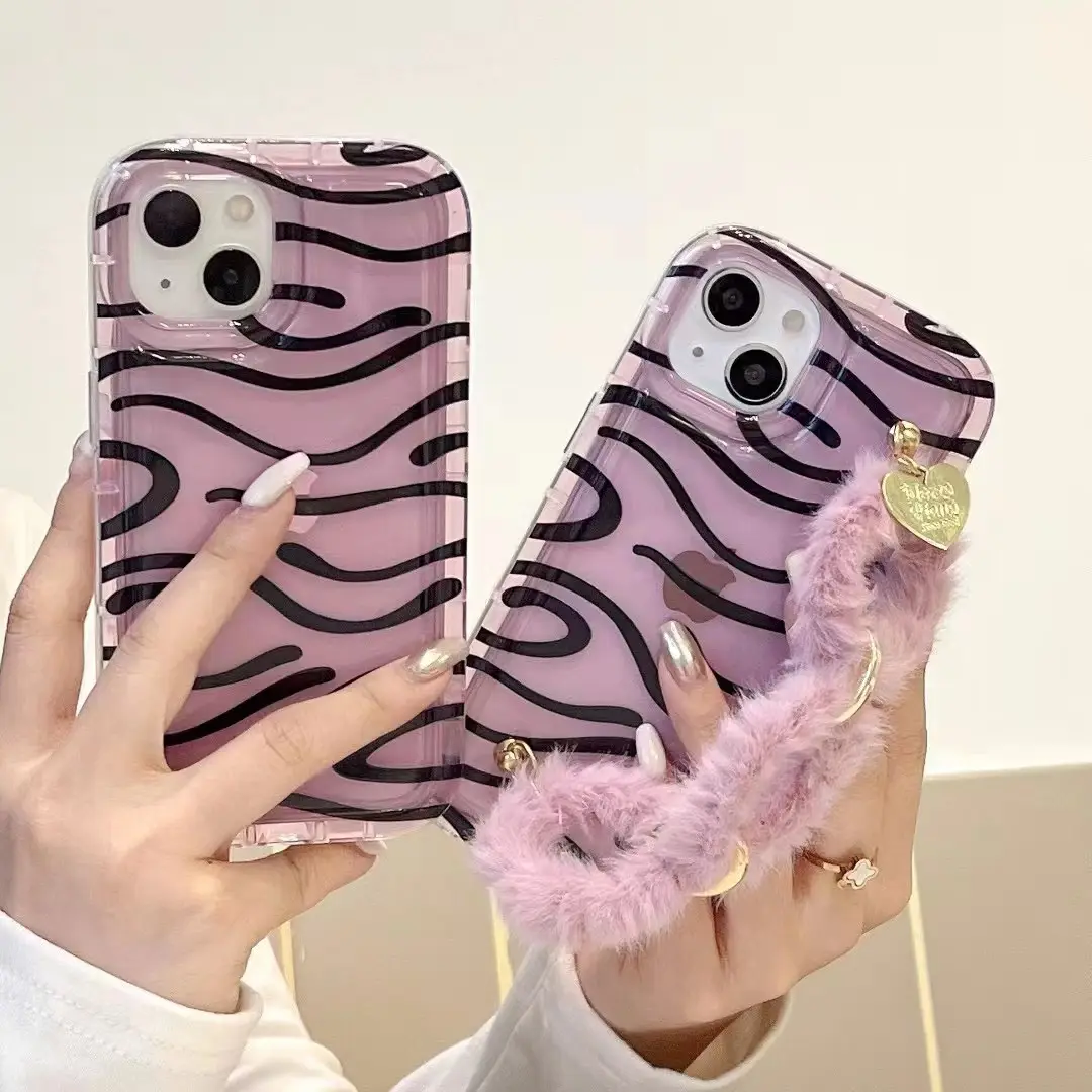 Ins Purple Zebra Phone Case With Fur wristband for iPhone 14promax 12 13 Smartphone Cover