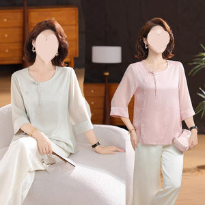 Elegante Camisa <span class=keywords><strong>de</strong></span> Mujer con Cierre <span class=keywords><strong>de</strong></span> Nudo Estilo Chino y Caída Suave para una Apariencia Sofisticada <span class=keywords><strong>de</strong></span> <span class=keywords><strong>Verano</strong></span> - Product Image 1