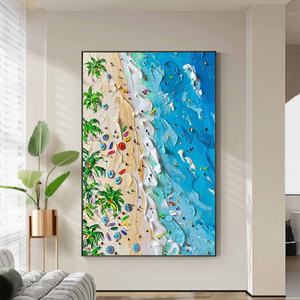 Tableau mural sur toile de peinture à l'huile, thème vacances en bord de mer, décoration intérieure, art sur toile en plâtre, vagues océaniques bleues, art mural de plage - Product Image 5