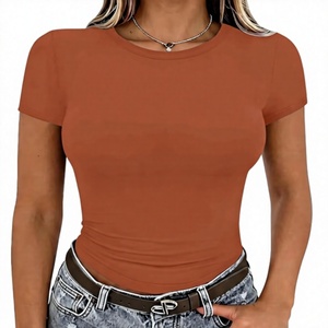 Women's Rust Crew Neck Short Sleeve Slim Fit Crop Top Solid Color Jersey Cotton Casual All Seasons Breathable T-Shirt - Product Image 1