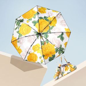 Parapluie mini double couche haut de gamme 2026, pliable en cinq sections, anti-soleil et anti-pluie, avec poignée en bois imprimée, commande manuelle, et sac de transport pour femme - Product Image 1
