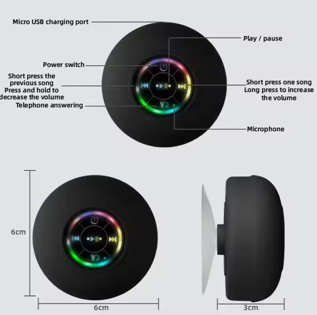 Waterproof IPX-5 Portable BT Speaker with Wireless Charging RGB LED Suction Cup Remote Control for Home Theatre & Outdoor Use
