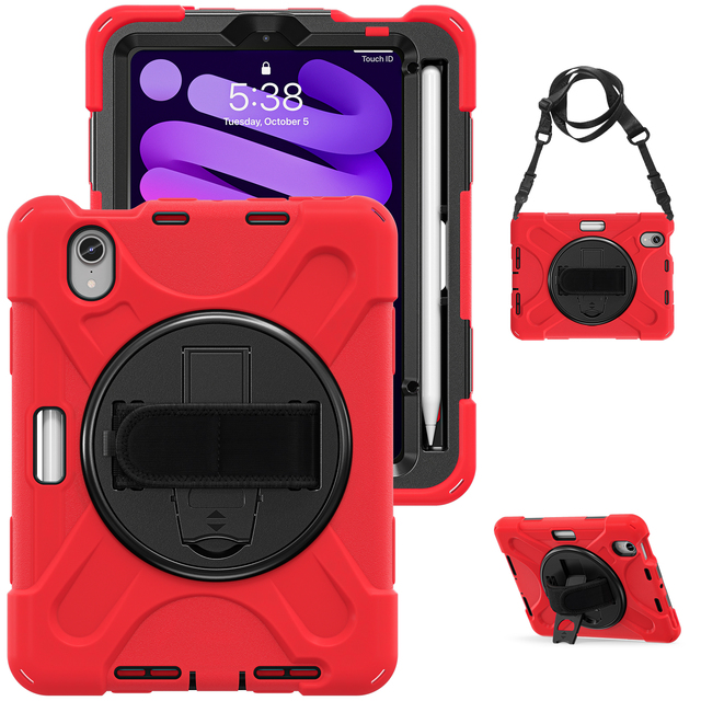 360 Rotation Stand Shoulder Strap Camera Protective Tablet Case for iPad Mini 7 8.3 Inch A17 Pro 2024 Case A2993 A2995 A2996