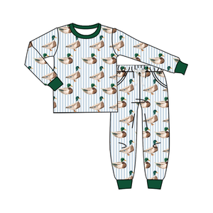Longlv Conjunto de 2 piezas de ropa de dormir de algodón orgánico para bebés, con estampado de pato y rayas, pijama de manga larga - Product Image 4