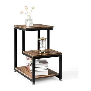 沙发端桌3层床头柜，带储物架坚固的金属框架梯子形椅子边桌木
