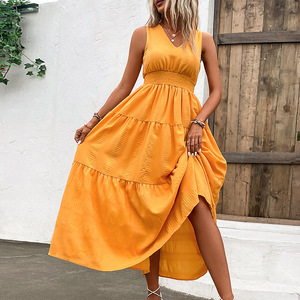 Popular europeo y americano 2024 nuevo verano de las mujeres con cuello en V elegante sólido sin mangas vestido grande Swing - Product Image 4