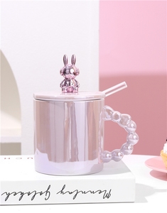 Mug en céramique Nordic Violent Rabbit 14oz pour petit-déjeuner, lait et café, avec couvercle mignon et paille en verre - Product Image 4