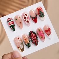Faux ongles de Noël à presser, lot de 30 pièces, avec figurines de bonbons gourmands et sapins de Noël en relief 3D ; faux ongles pré-dessinés style français