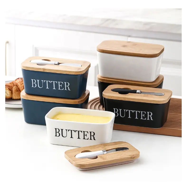 Nordic Style Ceramic Butter Box With Knife And Wooden Lid Storage Container Box Ceramic Butter Dish