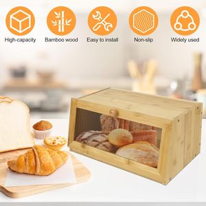 Boîte à pain en bambou avec porte en verre, couleur naturelle, rangement de cuisine pour le bureau, présentoir pour aliments et pain - Product Image 4