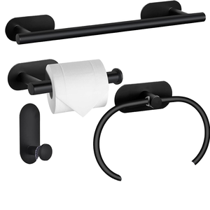 Vich – Ensemble de 4 crochets porte-serviettes muraux autocollants en acier inoxydable noir mat au design moderne – Accessoires de salle de bain - Product Image 1