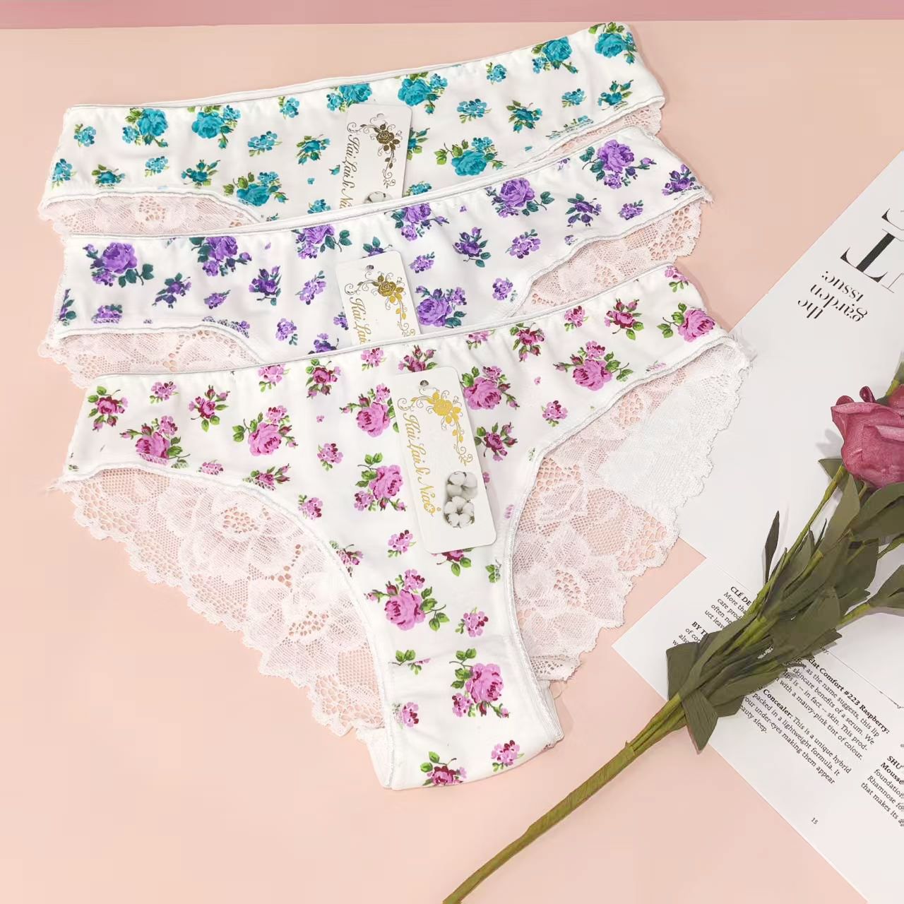 Women Printing Flower Lace Panties Cotton Wholesale 12pcs/pack Mix Colors One Dozen Women Panties