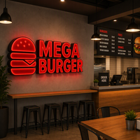 Insegna a Lettere Scatolate MEGA BURGER, Acrilico Rosso Luminoso, Fondo Nero, Icona Burger per Ristoranti Fast Food e Decorazione Vetrine