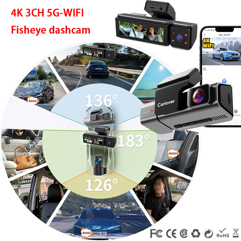 Floating Car Camera Carlover Fisheye 3 Lens 4K GPS AI Dashcam 5G WIFI Hidden Car Black Box ...