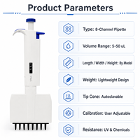 Pipette multicanal en plastique 8 voies de 5 à 50 µL, capacité réglable, autoclavable, micropipette variable avec embout de pipette