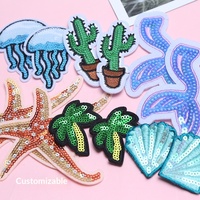 Patchs brodés à paillettes sur le thème de l'océan, méduse, cactus, appliques thermocollantes pour la décoration de mode