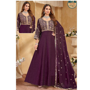 Traje Anarkali Morado Bordado para Mujer con Dupatta, Diseño de Fiesta, Boda, Festivo, Tradicional, Étnico Indio - Product Image 1