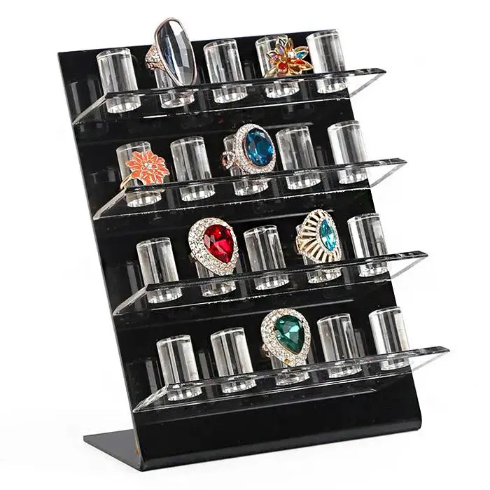 Support de présentoir d'anneau en acrylique transparent personnalisé à 4 couches support organisateur d'anneau en acrylique noir pour les magasins