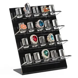 Custom 4 Layers Clear Acrylic Ring Display Stand Holder Black Acrylic Ring Organizer Rack For Shops