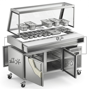 Table de préparation commerciale en acier inoxydable à 2 portes avec refroidissement par air pour salades, sandwichs et pizzas, réfrigérateur, vitrine en verre, protection anti-éclaboussures, 2 étagères - Product Image 2