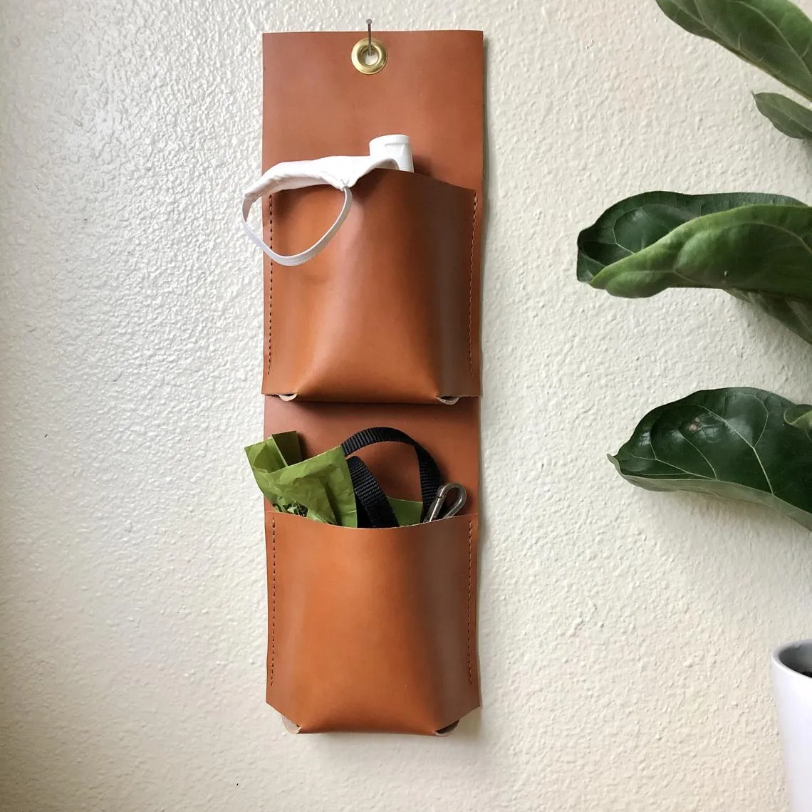 Two pocket hanging organizer leather caddy customized crafter wall organizer