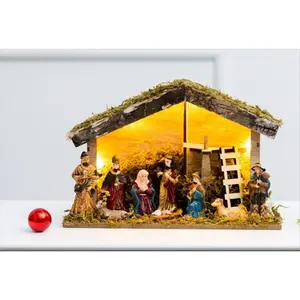 Vente en gros Ensemble de 9 pièces de la nativité de Noël en résine pour les fêtes de la sainte famille avec écurie en bois