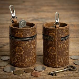 Porte-monnaie cylindrique miniature en cuir PU gaufré marron durable avec porte-clés et pochette zippée pour cadeaux - Product Image 4