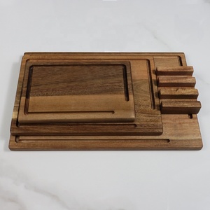 Ensemble de planches à découper en bois d'acacia avec support, certifié FSC, non toxique, réversible, plateau à charcuterie avec rainures pour les jus - Product Image 5