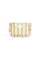 Pochette cosmétique en polyester à rayures verticales personnalisée OEM avec bord festonné, étiquette PU vierge, sac de rangement portable pour maquillage de voyage
