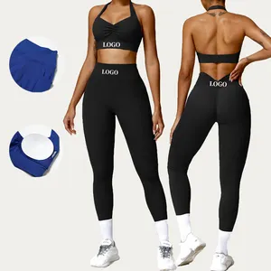 Nuova vendita all'ingrosso raccogliere il collo stretto all'americana bella tuta da Yoga posteriore spazzolata ad asciugatura rapida da donna allenamento Fitness sportivo Set di abbigliamento sportivo