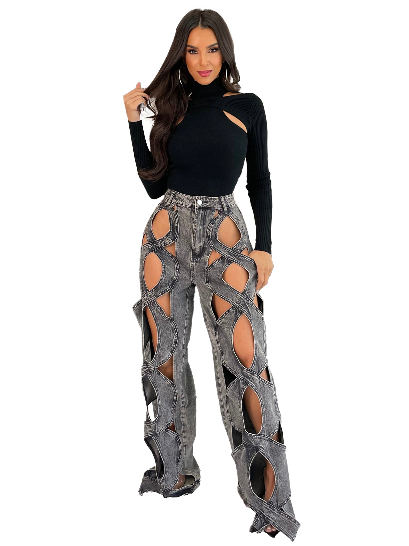 Customized Western Style Women Denim Pants Patchwork High Waist