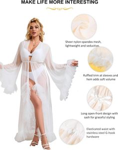 Vestaglia in Tulle Trasparente per Donne, Camicia <span class=keywords><strong>da</strong></span> <span class=keywords><strong>Notte</strong></span> Nuziale a Maniche Lunghe in Pizzo, <span class=keywords><strong>Taglie</strong></span> <span class=keywords><strong>Forti</strong></span>, Elegante con Cintura - Product Image 4