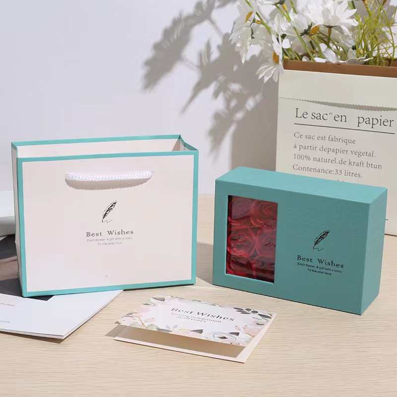 6-Tiffany Blue di piume; Scatola di fiori + borsa + biglietto di auguri