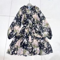 À la mode décontracté robes amples été 2025 femmes rétro à manches longues imprimé fleuri simple boutonnage cravate-taille robe