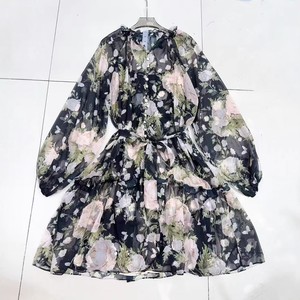 À la mode décontracté robes amples été 2025 femmes rétro à manches longues imprimé fleuri simple boutonnage cravate-taille <span class=keywords><strong>robe</strong></span> - Product Image 4