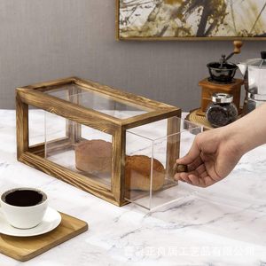 Wooden Bread Box Rectangle Flip Top Dustproof Storage Display <b>Kitchen</b> Food Container With Acrylic Panel - Product Image 2
