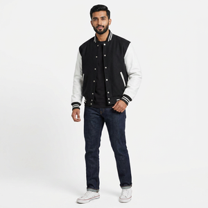 <b>Men</b> Embroidery Varsity <b>Jacket</b> Street Wear Logo Baseball <b>Jacket</b> Letterman Black Varsity <b>Jacket</b> with <b>White</b> Leather Sleeves 2026 - Product Image 1