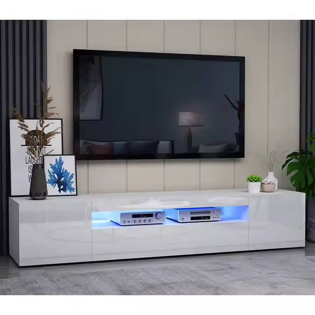 2024 Modern Design TV Stand Cabinet Unit High Gloss White 180-200cm Wooden Panel Living Room Storage with LED Cupboard