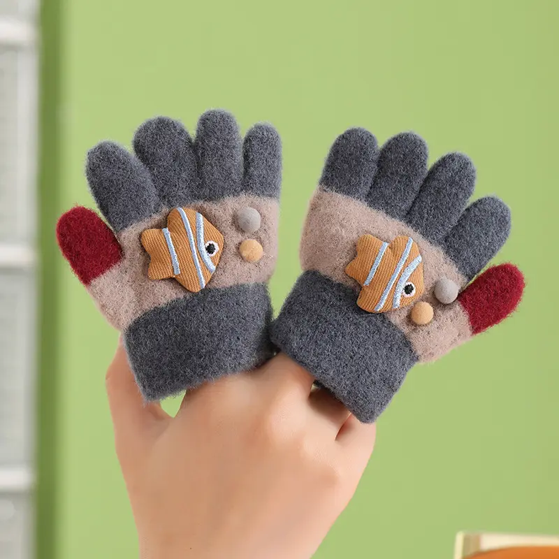 Guantes de Jacquard para niños con dedos divididos, guantes gruesos de felpa cálidos de invierno con dibujos animados de medio dedo