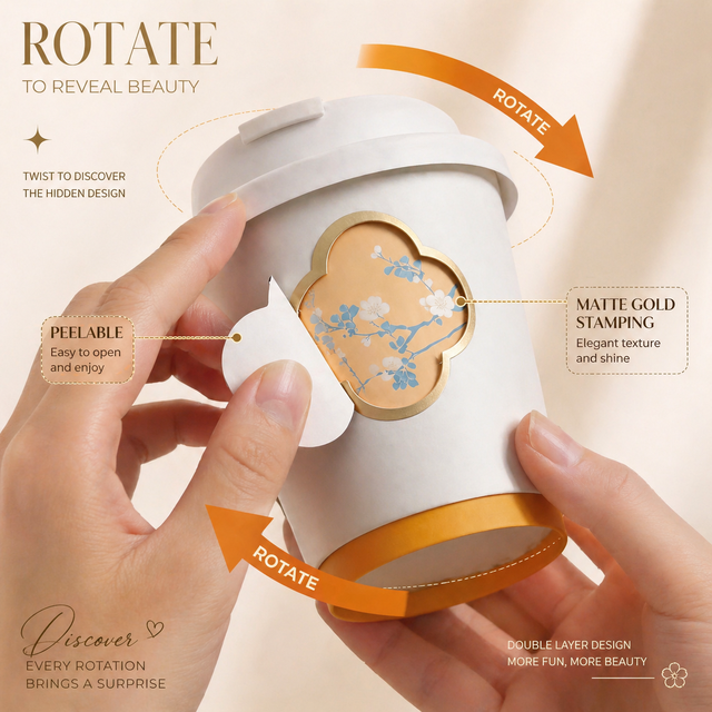 Custom New Trending Double Wall Rotating Hollowed-out Matte Gold Foil Stamping Hot Drink Coffee Paper Cup with Lid