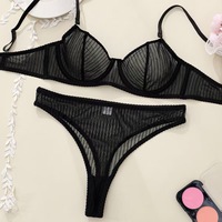 Ensemble 2 pièces soutien-gorge à armatures et string pour femme, en maille transparente unie, lingerie confortable, sexy et respirante pour adultes