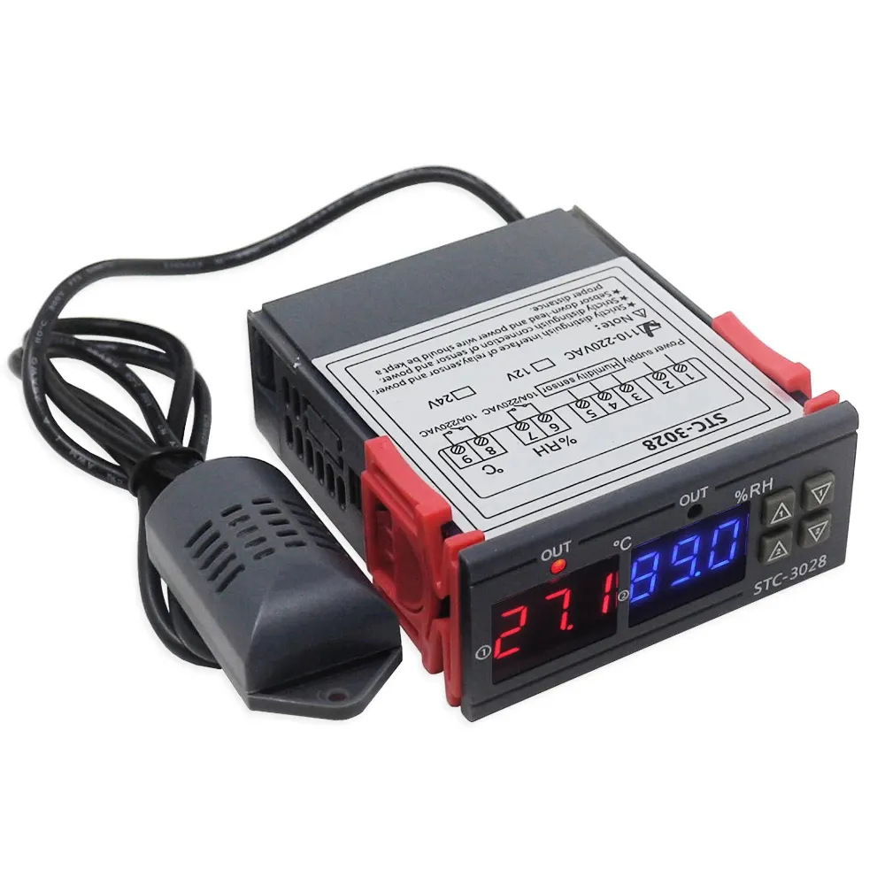 เครื่องวัดอุณหภูมิและความชื้นแบบดิจิทัลแบบคู่ DC 12V 24V STC-3028ควบคุมอุณหภูมิและความชื้นควบคุม I-SMART AC110-220V