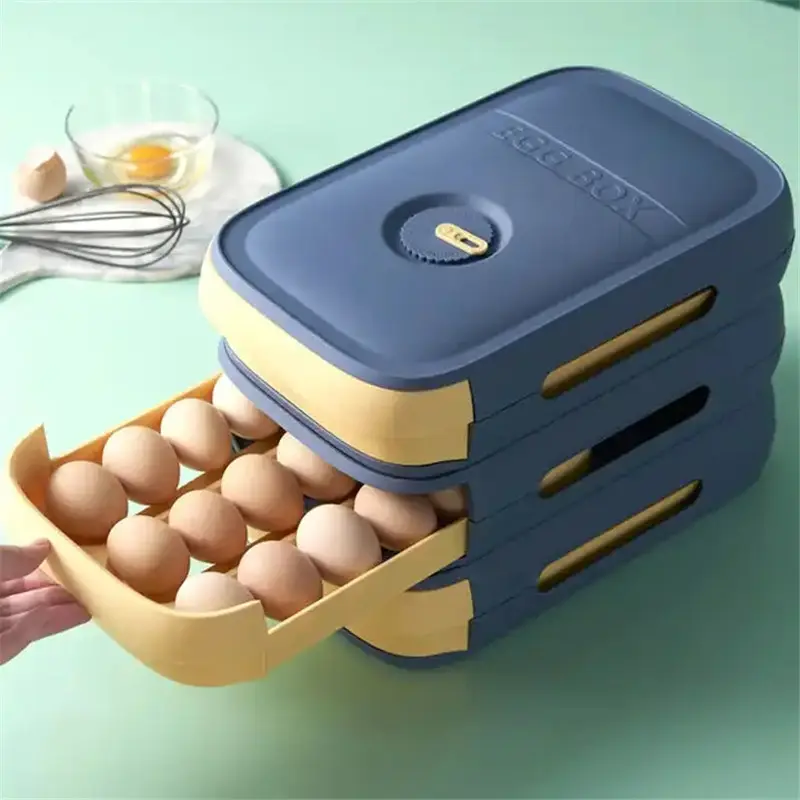 Y1008ขายส่งตู้เย็นไข่กล่องเก็บที่มีตารางพลาสติกสดซ้อนกันได้ประเภทลิ้นชักกล่องเก็บไข่