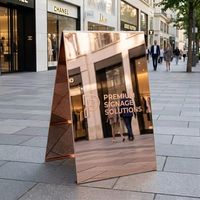 Panneau publicitaire autoportant en acier inoxydable finition miroir pour extérieur, logo personnalisé, double face, pour affichage publicitaire en magasin